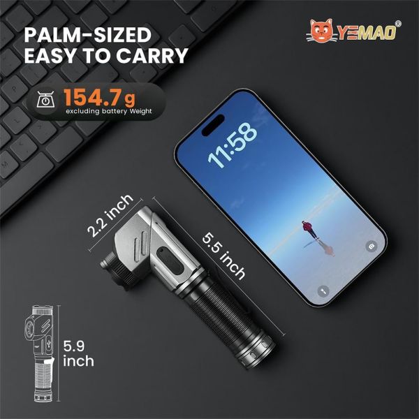 Тактический фонарь YEMAO YM-F303X, 1600LM, аккумуляторы 2x21700 (2x5000 mAh), поворотная голова