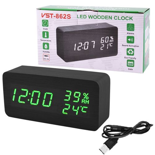 Годинник настільний VST-862S-4, зелений(корпус чорний) температура, вологість