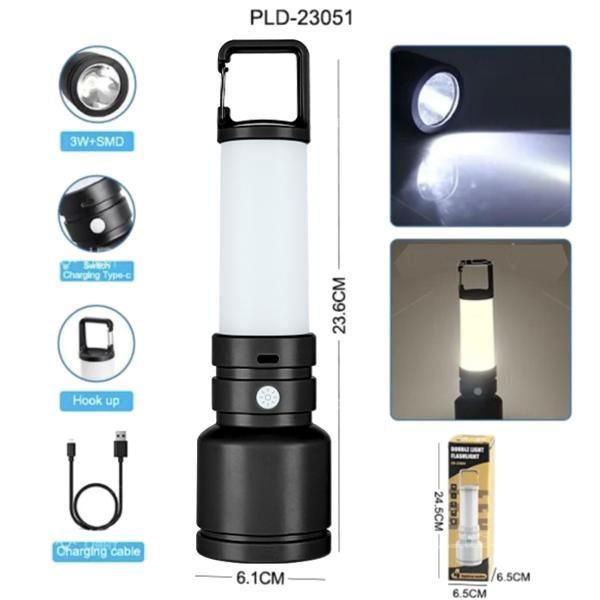Фонарь + светильник CH-23051-3W+SMD, Li-Ion аккум., карабин-кемпинг, ЗУ Type-C