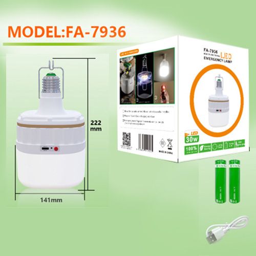 Світлодіодна LED лампочка з акумулятором FA-7936, 30W, E27, 2x18650/3×ААА, гачок, ЗУ Type-C