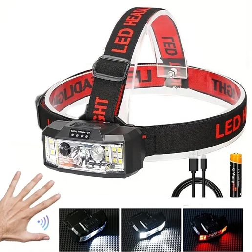 Ліхтарик налобний  XBL 910A-XPE+12SMD(white+red), Motion Sensor, 1x18650, індекатор зарядки, зарядка Type-C