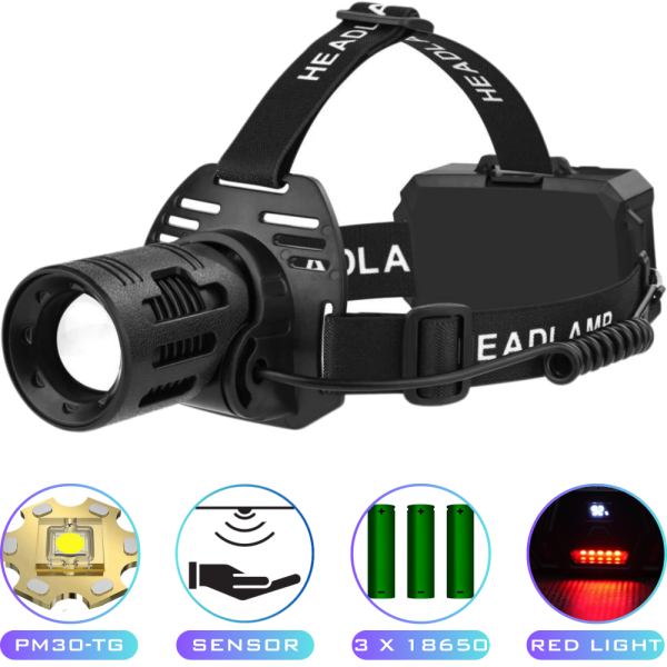 Ліхтар налобний CARBON BL-2322-TG+3LED(White+Red+Blue+Green), Motion Sensor, 3x18650