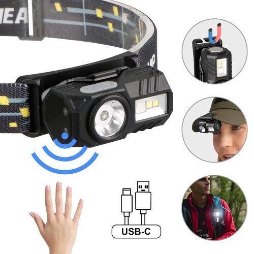 Фонарь налобный T131-XPE+3SMD(red+green+blue+UV), Motion Sensor, Li-Ion аккум, магнит, клипса, ЗУ Type-C, Box