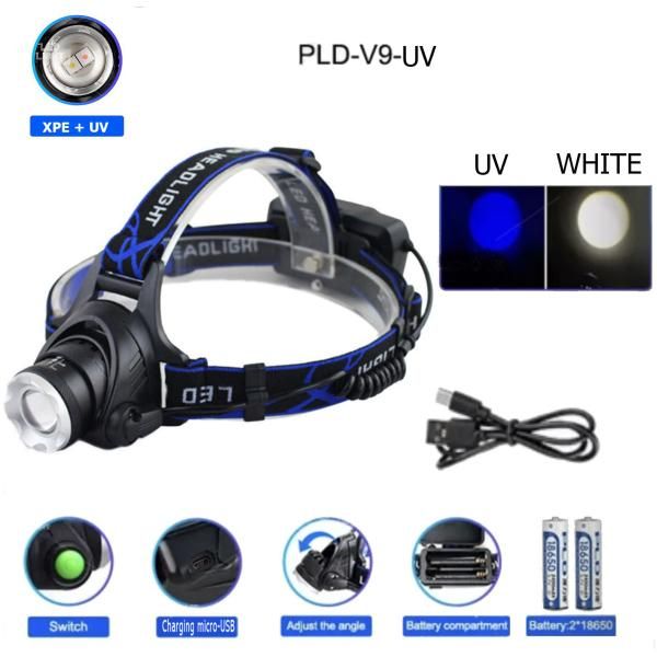 Фонарь налобный Bailong V9-XPE+UV, 2x18650, ЗУ microUSB, zoom