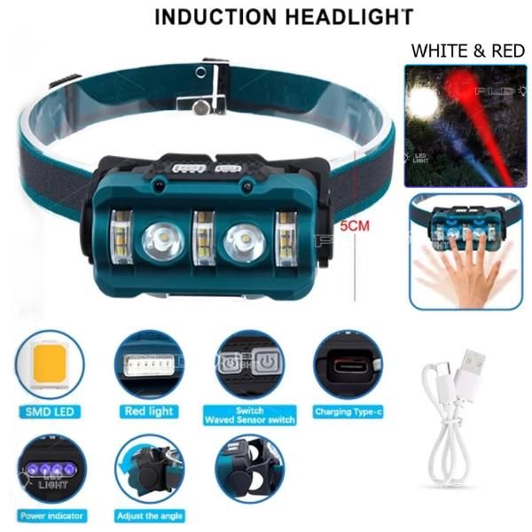 Фонарь налобный W-6112A-2XPE+12SMD+6SMD(white+red), Motion Sensor, Li-Ion аккум., индикация заряда, ЗУ Type-C, Box