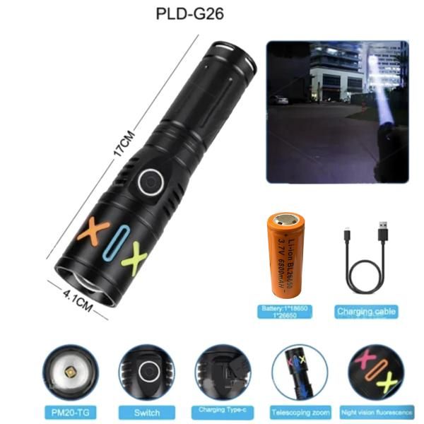 Фонарь NIGHT VISION FLUORESCENCE G26 WHITE LASER LED PM20-TG, 1х26650/3xAAA, ЗУ Type-C, zoom, Box