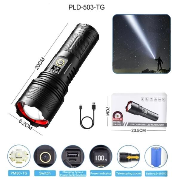 Фонарь Police bl-503-TG, 3х18650, power bank, индикация заряда, ЗУ Type-C, zoom