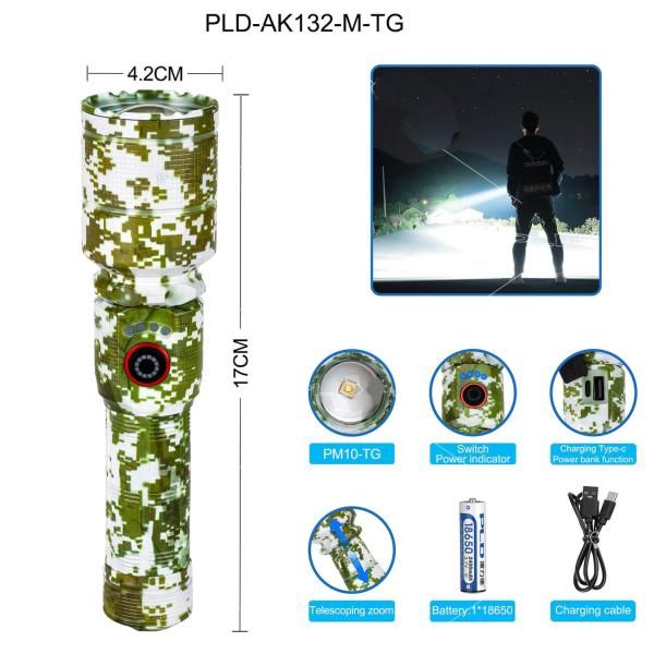 Фонарь PLD AK132M PM10-TG, 1х18650, индикация заряда, ЗУ Type-C, zoom