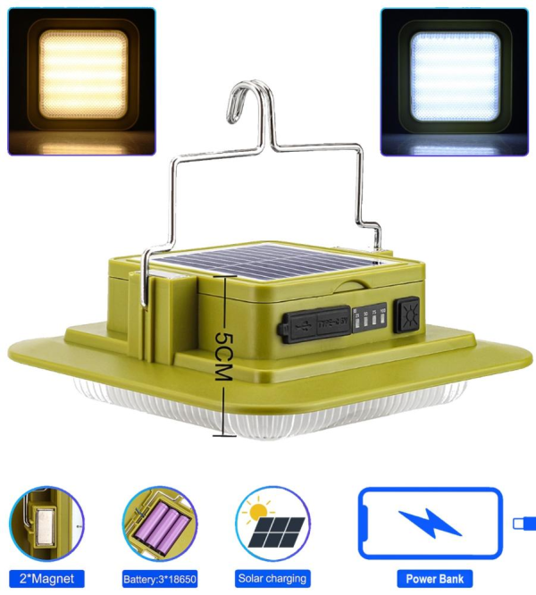Ліхтар кемпінг 229L-SMD (white+yellow), 3х18650, сон. панель, power bank, Type-C, магніт, гачок