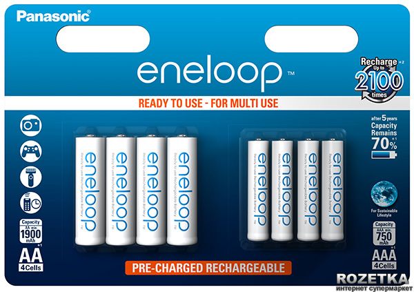 Аккумулятор Panasonic eneloop AA 1900 мАч + AAA 750 мАч Ni-MH 8 шт (BK-KJMCCE44E)