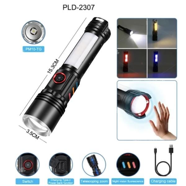 Фонарик NVF PLD-2307 WHITE LASER LED PM10-TG+COB(red+blue+yellow), Motion Sensor Li-Ion аккум., power bank, ЗУ Type-C, zoom, Box