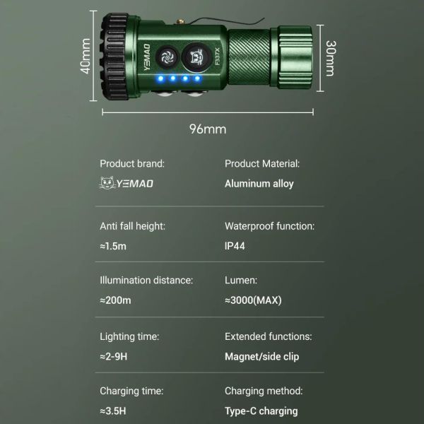 Тактичний ліхтар YEMAO YM-F337  3500LM 3500LM, акумулятори 18650 + 18350 (3200 + 1500 mAh), ультрафіолетовий