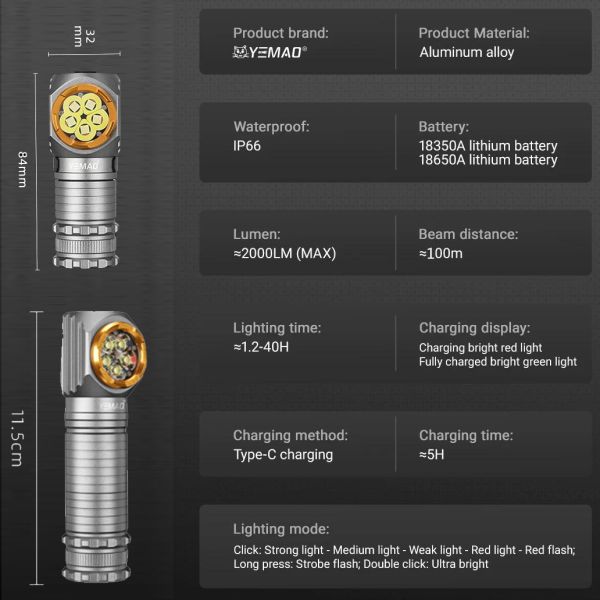 Налобний ліхтар YEMAO YM-T355X, 2000 LM, акумулятори 18650 + 18350 (3200 + 1500 mAh), з червоним світлом