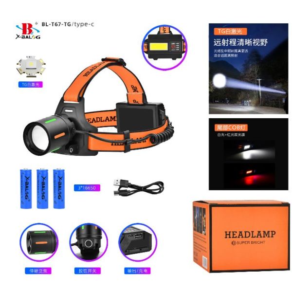 Фонарь налобный FLUORESCENCE BL-T67-TG, 3x18650, 1 режим, ЗУ Type-C, zoom