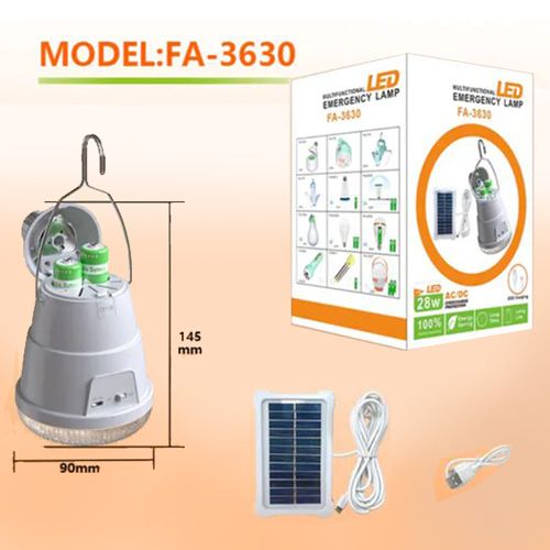 Светодиодная LED лампочка с аккумулятором FA-3630, 28W, E27, 2x18650, солнечная панель, крюк, ЗУ microUSB