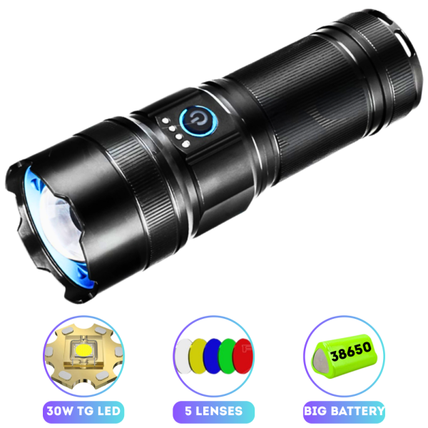 Фонарь AK180 WHITE LASER LED PM30-TG, 1х38650, Power Bank, ЗУ Type-C, zoom, 5 фильтров