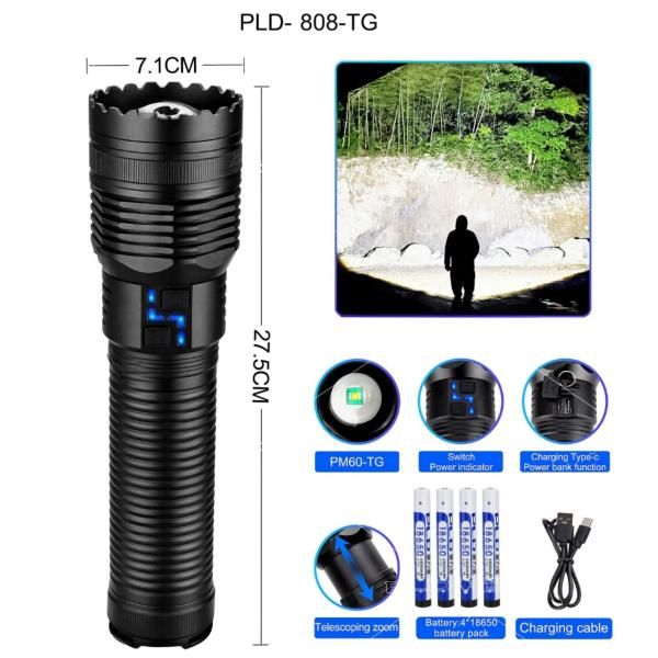 Фонарь ручной X-Balog F808 WHITE LASER LED PM60-TG, 8х18650, power bank, индикация зарядки, ЗУ Type-C, zoom, Box