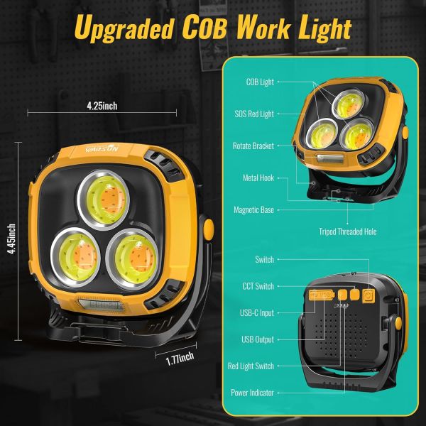 Кемпинговый фонарь W891-1-3COB (White+Yellow) + 5SMD (Red), Power Bank, 2×18650, Type-C, магнит, крюк