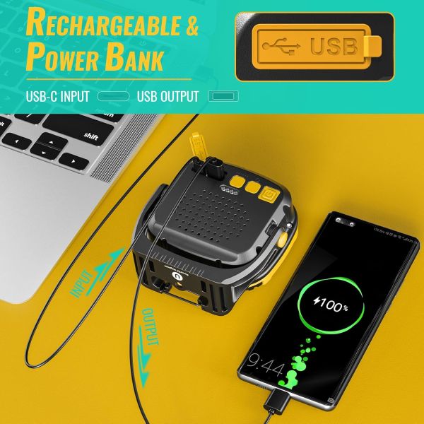 Кемпинговый фонарь W891-1-3COB (White+Yellow) + 5SMD (Red), Power Bank, 2×18650, Type-C, магнит, крюк