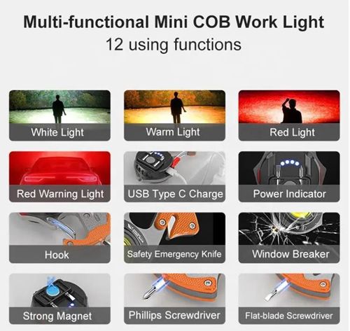 Аккумуляторный LED фонарик W5143-COB(white+yellow+red), multitool, Li-Ion аккум., магнит, карабин, отвертка, ЗУ Type-C