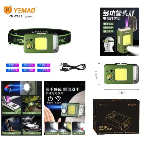 Фонарь налобный MULTIFUNCTIONAL YM-T618-LED+COB, Li-Ion аккум., зажигалка, ЗУ Type-C