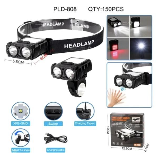 Фонарь налобный SH-T808-2XPE+20SMD(white+red), Motion Sensor, Li-Ion аккум., ЗУ Type-C