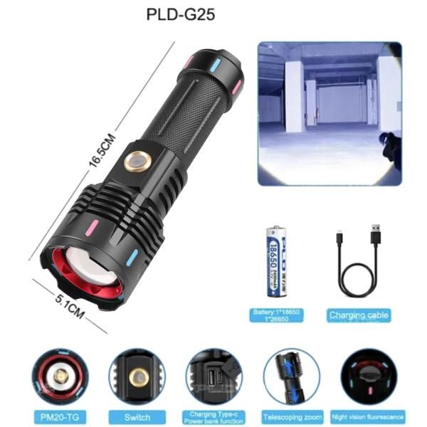Фонарь NIGHT VISION FLUORESCENCE G25 WHITE LASER LED PM30-TG, 1х26650/3xAAA, Power Bank, ЗУ Type-C, Zoom