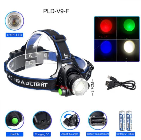 Ліхтари на чоло PLD V9-F-4XPE (RGB), 2x18650, ЗУ 220V/12V, zoom, Box