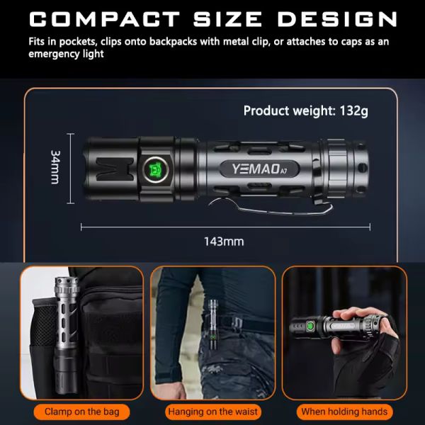 Тактический фонарь YEMAO YM-А7, 2200LM, аккумулятор 21700 (5000 mAh)