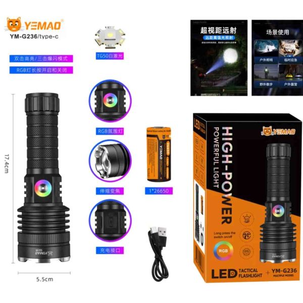 Ліхтар YEMAO YM-G236 TG 50W — 26650, Type-C, Zoom